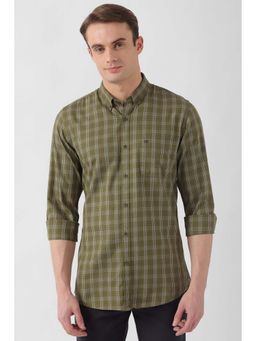 Peter England - Men Olive Slim Fit Check Full Sleeves Casual Shirt