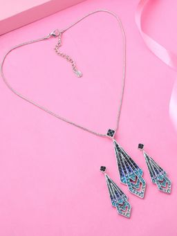 Estele - Rhodium Plated Blue Tie Designer Pendant Necklace with Crystals for Women (Set of 2)