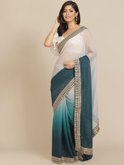 Tikhi Imli - Green & Off White Ombre Half & Half Saree with Unstitched Blouse
