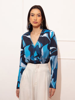 RSVP by Nykaa Fashion - Blue Overlap V Neck Abstract Bodysuit