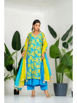 Yuvrani Jaipur - Blue Floral Printed Inner Kurta With Pant And Dupatta (Set of 4)
