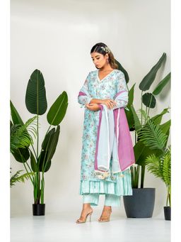 Yuvrani Jaipur - Blue Floral Printed Inner Kurta With Pant And Dupatta (Set of 4)