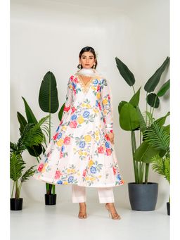 Yuvrani Jaipur - White Printed Inner Anarkali Kurta With Pant And Dupatta (Set of 4)