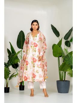 Yuvrani Jaipur - Pastel Off White Printed Inner Anarkali Kurta With Pant And Dupatta (Set of 4)