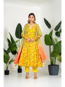 Yuvrani Jaipur - Yellow Printed Inner Anarkali Kurta With Pant And Dupatta (Set of 4)