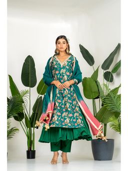 Yuvrani Jaipur - Bottle Green Floral Printed Inner Kurta With Pant And Dupatta (Set of 4)
