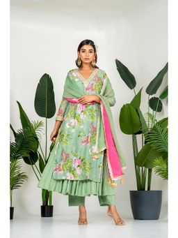 Yuvrani Jaipur - Pista Green Floral Printed Inner Kurta With Pant And Dupatta (Set of 4)