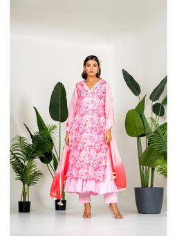 Yuvrani Jaipur - Blush Pink Floral Printed Inner Kurta With Pant And Dupatta (Set of 4)