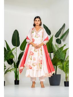 Yuvrani Jaipur - Pastel Off White Printed Inner Kurta With Pant And Dupatta (Set of 4)