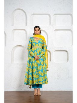 Yuvrani Jaipur - Neon Blue Yellow Floral Belted Anarkali Kurta With Pant And Dupatta (Set of 4)