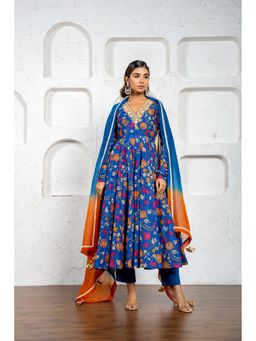 Yuvrani Jaipur - Navy Blue Kalamkari Embroidered Anarkali Kurta With Pant And Dupatta (Set of 3)