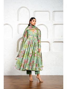 Yuvrani Jaipur - Pista Green Floral Belted Anarkali Kurta With Pant And Dupatta (Set of 4)
