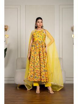 Yuvrani Jaipur - Yellow Floral Printed Anarkali Kurta With Pant And Dupatta (Set of 3)