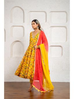 Yuvrani Jaipur - Yellow Floral Embroidered Anarkali Kurta With Pant And Dupatta (Set of 3)
