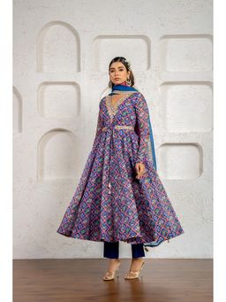 Yuvrani Jaipur - Blue Floral Embroidered Belted Anarkali Kurta With Pant And Dupatta (Set of 4)