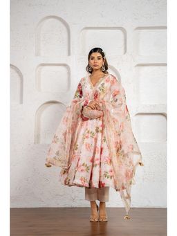 Yuvrani Jaipur - Multi-Color Floral Belted Anarkali Kurta With Pant And Dupatta (Set of 4)