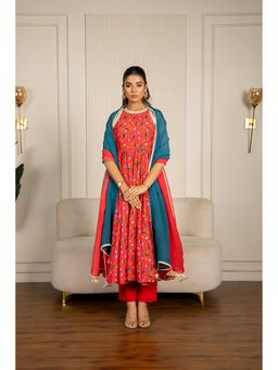 Yuvrani Jaipur - Multi-Coloured Floral Printed Anarkali Kurta With Pant And Dupatta (Set of 3)