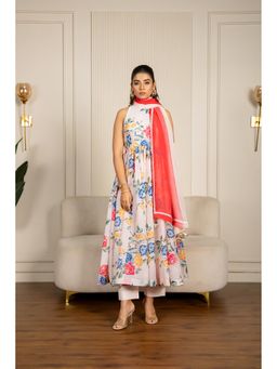 Yuvrani Jaipur - White Floral Printed Anarkali Kurta With Pant And Dupatta (Set of 3)