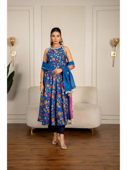 Yuvrani Jaipur - Blue Floral Printed Anarkali Kurta With Pant And Dupatta (Set of 3)