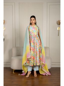 Yuvrani Jaipur - Multi-Color Floral Printed Anarkali Kurta With Pant And Dupatta (Set of 3)