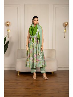 Yuvrani Jaipur - Pista Green Floral Printed Anarkali Kurta With Pant And Dupatta (Set of 3)