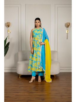 Yuvrani Jaipur - Blue Floral Printed Inner Anarkali Kurta With Pant And Dupatta (Set of 4)