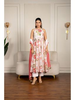 Yuvrani Jaipur - White Floral Printed Anarkali Kurta With Pant And Dupatta (Set of 3)