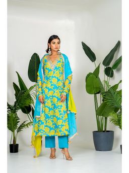 Yuvrani Jaipur - Blue Floral Printed Inner Anarkali Kurta With Pant And Dupatta (Set of 4)