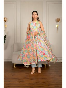 Yuvrani Jaipur - Multi-Color Floral Printed Anarkali Kurta With Pant And Dupatta (Set of 3)