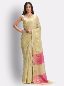Angoshobha - Beige Tangail Cotton Blended Handloom Saree with Unstitched Blouse