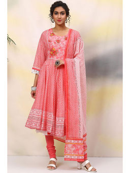 Biba - Red Cotton Anarkali Suit (set Of 4)