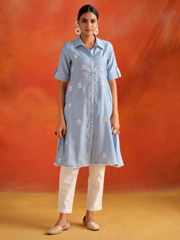 Jaipur Kurti - Mirror Work Viscose Chanderi A-Line Kurta