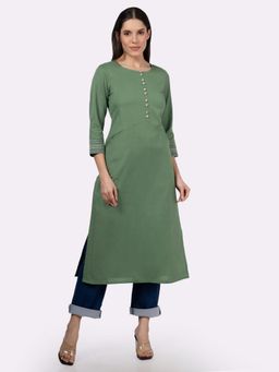 Saffron Threads - Green Solid Cotton Kurta with Pockets and Sleeve Embroidery