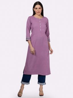 Saffron Threads - Mauve Solid Cotton Kurta with Pockets and Sleeve Embroidery