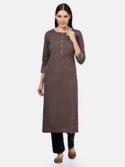 Saffron Threads - Brown Solid Cotton Kurta with Pockets and Sleeve Embroidery