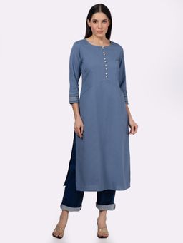 Saffron Threads - Blue Solid Cotton Kurta with Pockets and Sleeve Embroidery