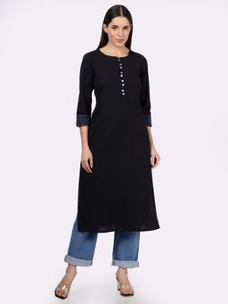 Saffron Threads - Black Solid Cotton Kurta with Pockets and Sleeve Embroidery