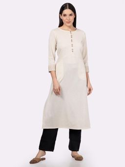Saffron Threads - Off White Solid Cotton Kurta with Pockets and Sleeve Embroidery