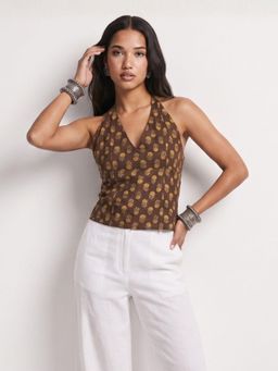 NISHORAMA - Brown Floral Cotton Slim Fit Top