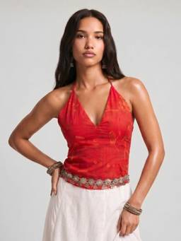 NISHORAMA - Red Printed Cotton Slim Fit Top