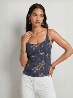 NISHORAMA - Blue Floral Cotton Slim Fit Corset Top