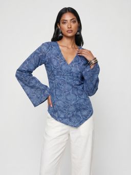 NISHORAMA - Blue Floral Cotton Fitted Fit Top