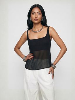 NISHORAMA - Black Solid Cotton Slim Fit Top