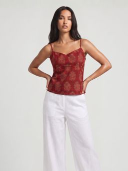 NISHORAMA - Maroon Printed Cotton Regular Fit Top