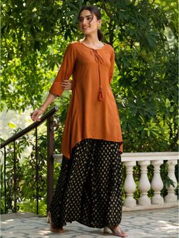 Juniper - Rust Solid Rayon Slub Asymmetrical Fit Kurta