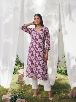 Rangita - Purple Floral Cotton Regular Fit Kurta