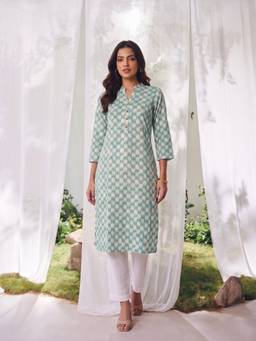Rangita - Blue Printed Rayon Regular Fit Kurta