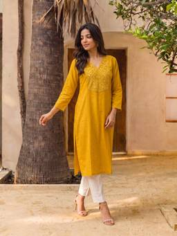 Rangita - Yellow Embroidered Rayon Regular Fit Kurta