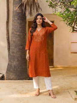 Rangita - Rust Embroidered Rayon Regular Fit Kurta