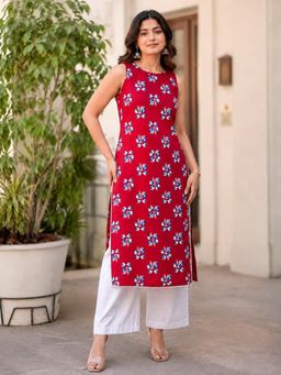 Indibelle - Maroon Printed Cotton Straight Fit Kurta